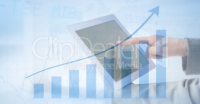 Hands with tablet and blue graph overlay