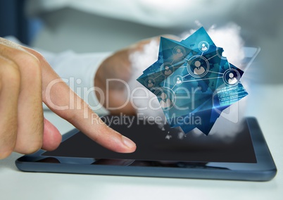 Hands with tablet and blue network graphic with cloud