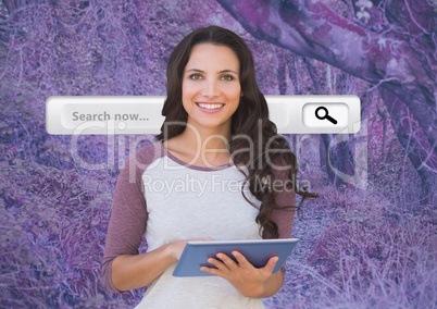 Woman on tablet with search bar and pink forest mysterious background