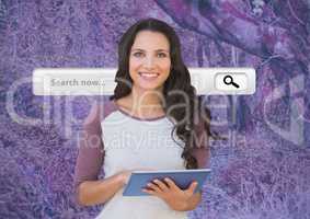 Woman on tablet with search bar and pink forest mysterious background