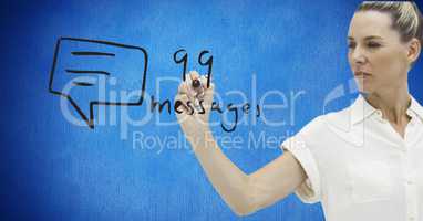 Businesswoman writing numbers and text on screen