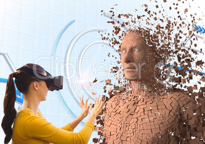 Woman wearing VR glasses while touching 3d human