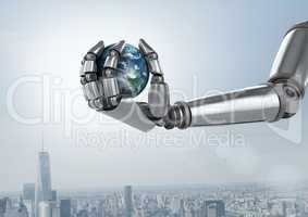 Android Robot hand holding planet earth with city background