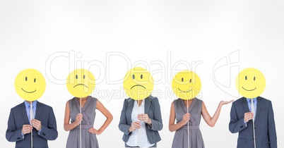 Business people covering faces with various smileys against white background