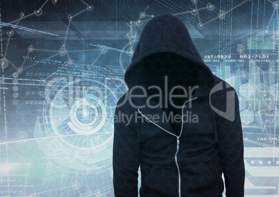 Black jumper hacker, in front of the white interface