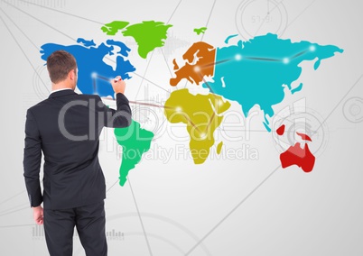 Businessman drawing on Colorful Map with Connector background