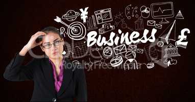 Digital composite image of tensed businesswoman with business text and various icons in background