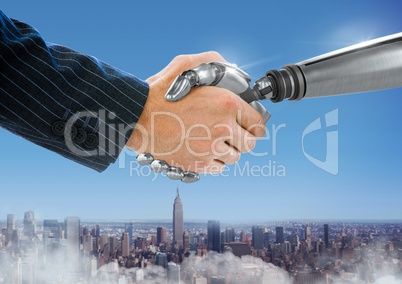 Android Robot hand shaking businessman hand with blue city background