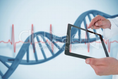 Composing image of man showing tablet in 3d