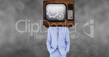 TV on businessman's head displaying gears