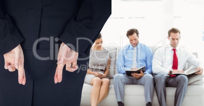Woman with his fingers crossed arriving to a interview in a company
