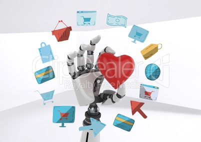 Android hand holding heart with online shopping drawings graphics