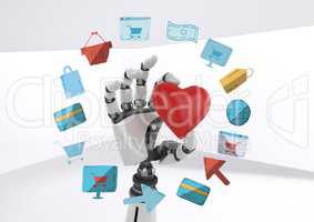 Android hand holding heart with online shopping drawings graphics