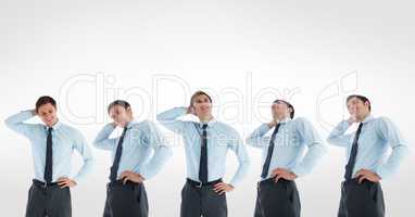 Multiple image of confused businessman against white background