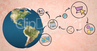 Digital composite image of globe by various icons against peach background