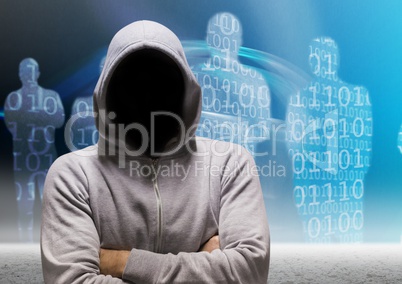 Grey jumper hacker with his hands folded, binary code people background