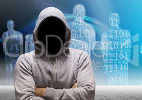 Grey jumper hacker with his hands folded, binary code people background