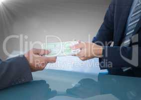 Business money exchange at blue desk against grey background with flare