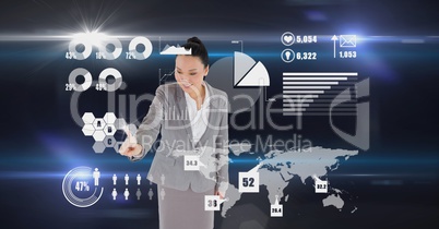 Digitally generated image of businesswoman touching futuristic screen