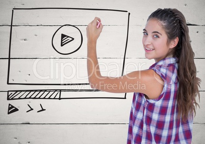 Woman with chalk and website mock up against white wood panel