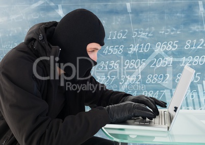 Criminal in hood on laptop in front of numbers interface