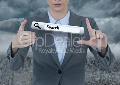 Hands Holding Search Bar in air with city background