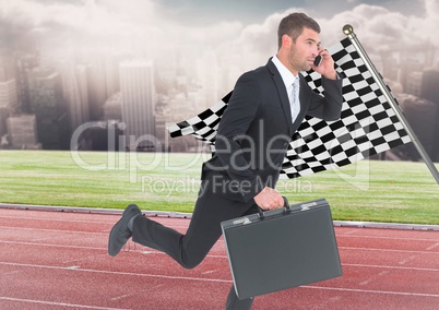 Business man on phone with briefcase and running on track against skyline with clouds and checkered