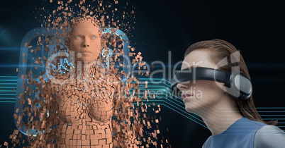 Woman wearing VR headphones and looking at 3d scattered female figure