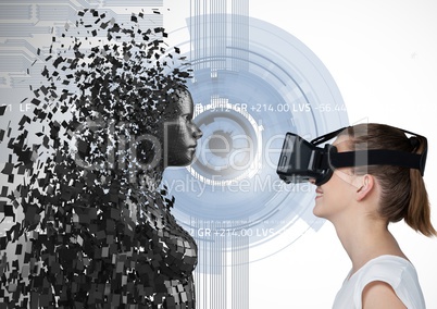Woman looking at 3d scattered female figure on VR glasses