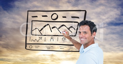 Smiling businessman drawing graphic against sky