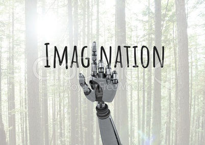 Android hand pointing and Imagination text with forest