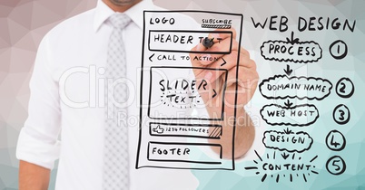 Business man with marker and website mock up against green pink vector mesh