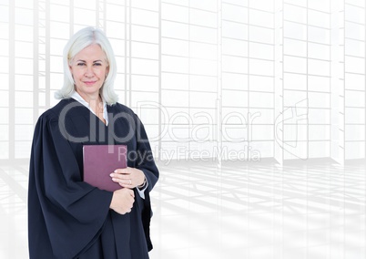 Judge holding book in front of bright windows
