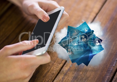 Hands with phone and blue network graphic with cloud