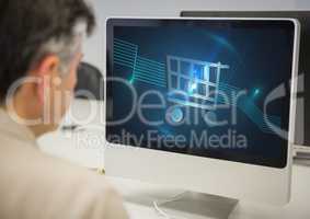 Man using Computer with Shopping trolley icon
