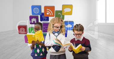Digital composite image of school children reading books against application icons