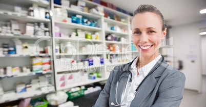 Composite image of a doctor in a pharmacy
