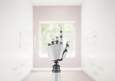 Android Robot hand pointing with bright room gallery background