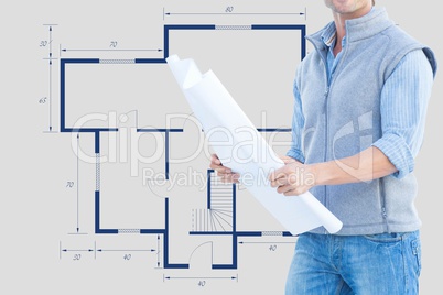 Midsection of architect with project in background