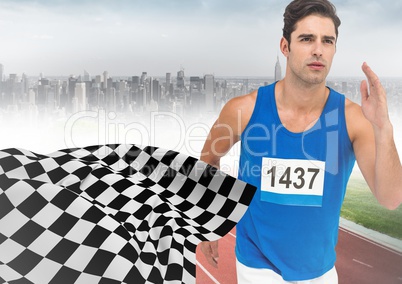 Male runner sprinting on track against misty skyline and checkered flag