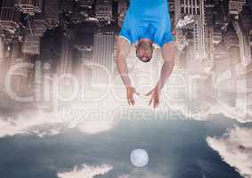 up side down city. omen with ball