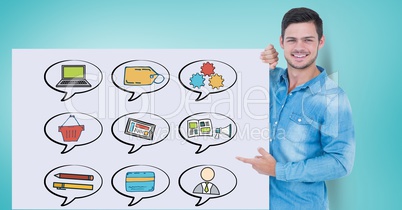Portrait of man gesturing on billboard with various icons while standing against blue background