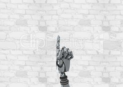 Android Robot hand pointing with bright wall background