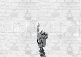 Android Robot hand pointing with bright wall background