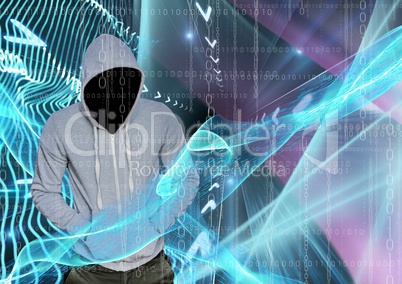 Grey jumper hacker with out face with his hands on his pockets, blue and pink lights and binary code