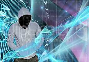 Grey jumper hacker with out face with his hands on his pockets, blue and pink lights and binary code