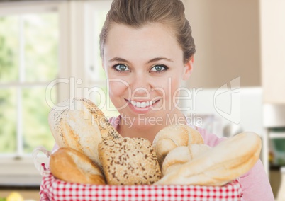 foreground of woman with bread basket