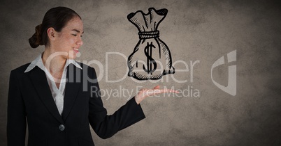 Business woman looking at money doodle against brown grunge background