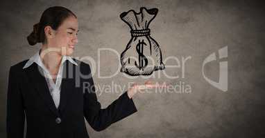 Business woman looking at money doodle against brown grunge background