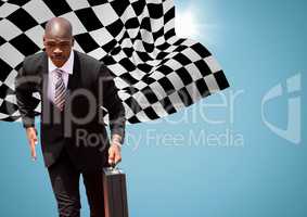 Business man running with briefcase against blue background with flare and checkered flag